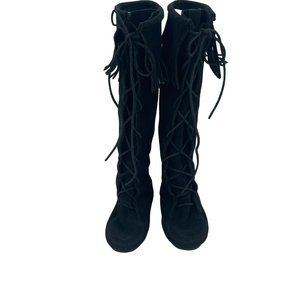 Minnetonka Lace Up Fringe Moccasin Tall Leather Boots Black Size 6